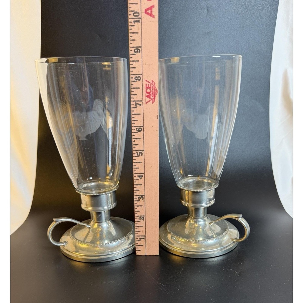 2 Queen Ann Pewter #557 Candlesticks with Glass Globes